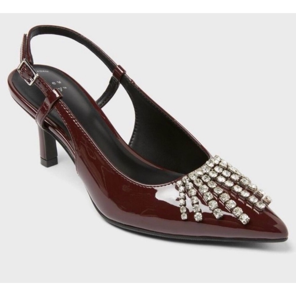 A New Day Serafina Burgundy Patent Rhinestone Fringe Slingback Pumps Heels 8